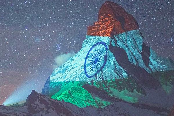 Indian Flag Projected on Swiss Mountain